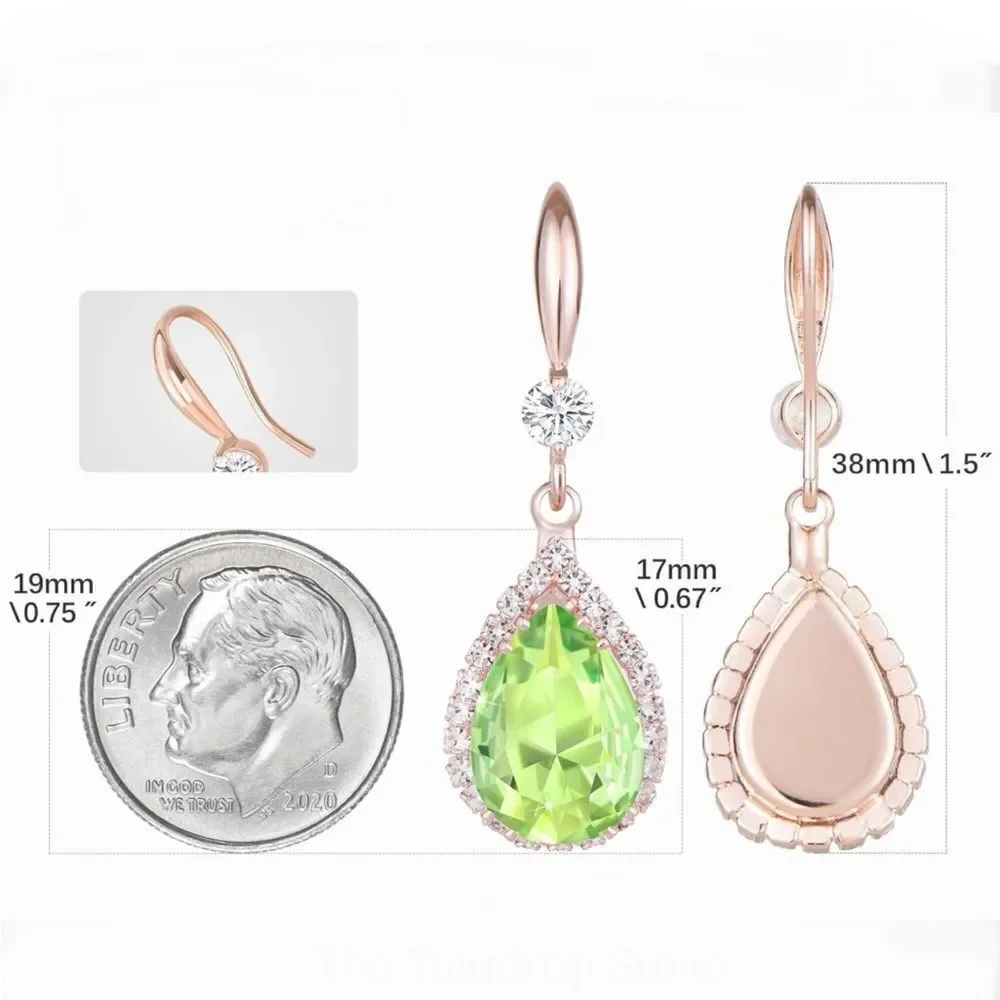 14K Rose Gold with Peridot Green Cubic Zirconia Teardrop Hook Dangling Earrings
